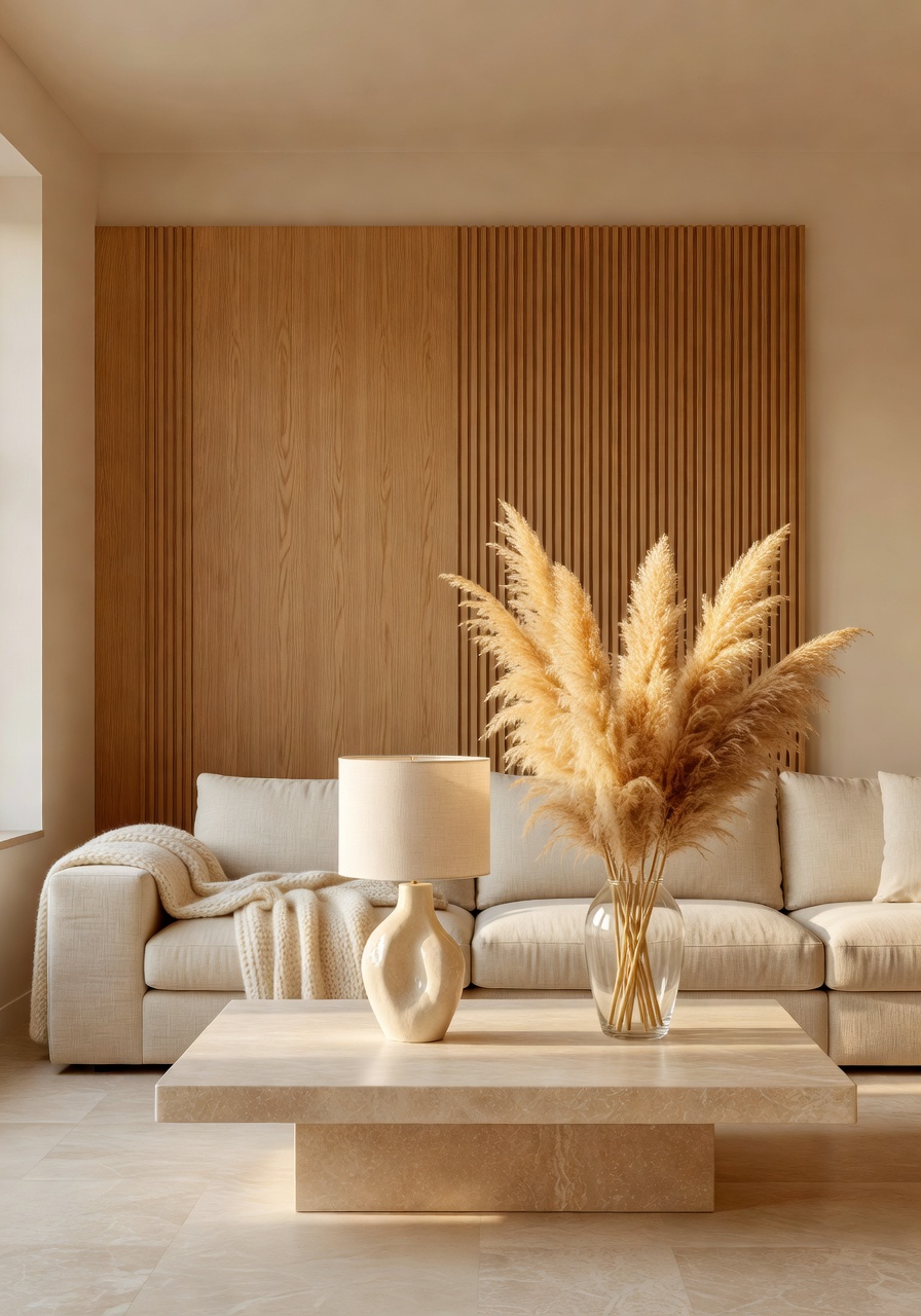 Inspirasi ruang tamu AI — panel oak dan sofa oat linen