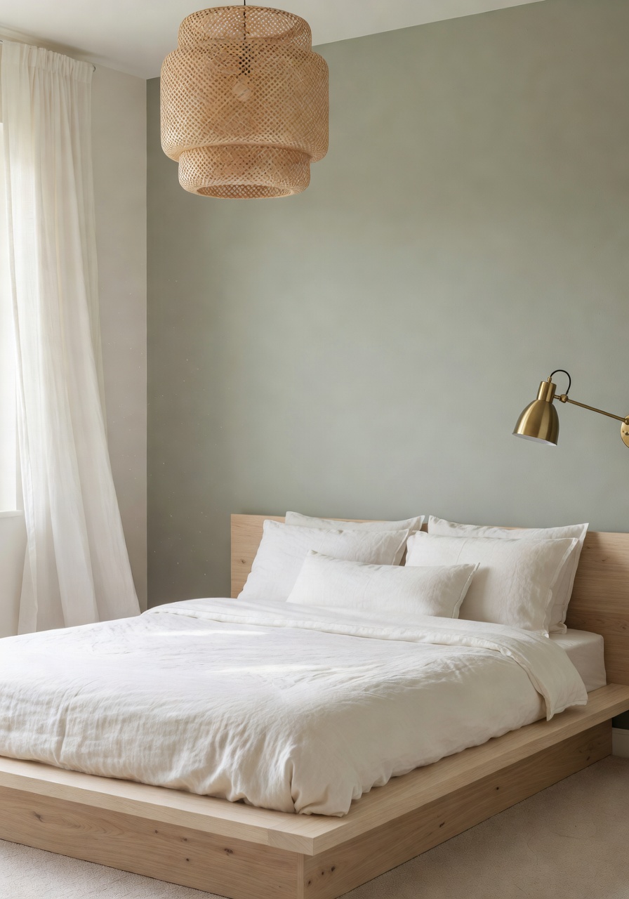 Inspirasi bilik tidur AI — dinding sage dan katil platform oak