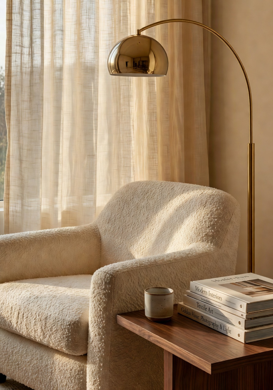 Inspirasi ruang baca AI — kerusi boucle dan lampu arc