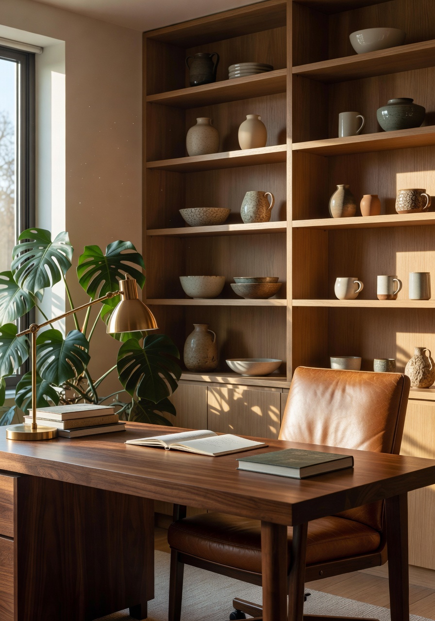 Inspirasi home office AI — meja walnut dan rak siling