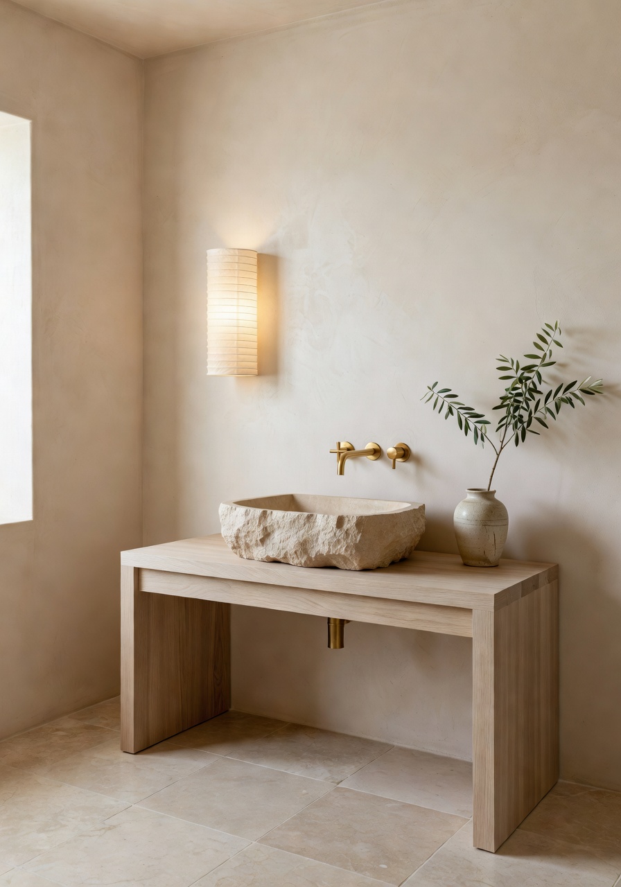 Inspirasi bilik air AI — tadelakt dan sinki vessel batu