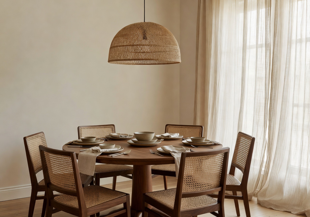 Reka bentuk ruang makan AI dengan meja walnut bulat